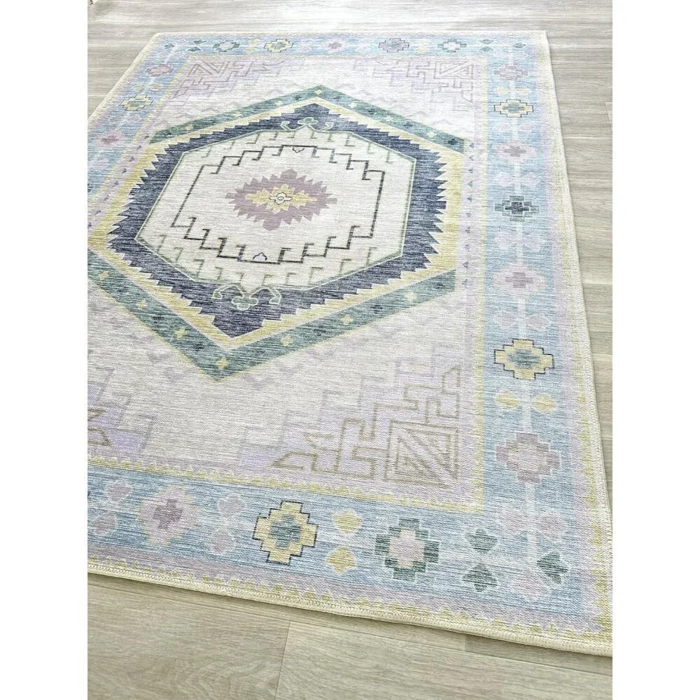 2'x3' Turkish Oushak Rug Vintage Floral Pastel Machine Washable Cotton Pastel